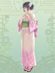  1girl black_hair dairoku_ryouhei flower full_body green_background hair_bobbles hair_flower hair_ornament hairclip hands_up highres hoi_(tw) japanese_clothes kimono kiryu_reina medium_hair obi pink_kimono red_eyes sandals sash solo standing wide_sleeves yukata 