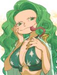  1girl amazon_warrior big_head boa_sandersonia breasts cape cleavage closed_mouth collarbone commentary eyelashes forked_tongue green_eyes green_hair halterneck hand_on_own_cheek hand_on_own_chest hand_on_own_face highres large_breasts long_hair looking_at_viewer one_piece smile solo tongue tongue_out upper_body urasanmyaku wavy_hair white_cape 