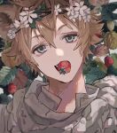  1boy bishounen blue_eyes food food_in_mouth fruit head_wreath jacket leaf llilililiilii looking_at_viewer male_focus portrait ruggie_bucchi solo strawberry twisted_wonderland white_jacket 