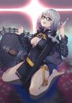  1girl barefoot belt belt_buckle black-framed_eyewear black_dress blue_eyes bob_cut breasts buckle cleavage cleavage_cutout clothing_cutout commentary_request covered_navel dress fate/grand_order fate_(series) glasses grey_hair highres holding holding_shield holding_sword holding_weapon hood hood_down jacques_de_molay_(foreigner)_(fate) long_sleeves looking_at_viewer medium_breasts nakaga_eri pelvic_curtain sheath sheathed shield short_hair sitting solo sword thighs toes tongue tongue_out wariza weapon yellow_belt 