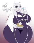  &lt;3 2020 2_horns anthro big_breasts bovid breasts cake caprine clothed clothing dessert dewwydarts dialogue dress english_text female food fur goat gradient_background hi_res holding_object holding_phone holding_plate horn huge_thighs looking_at_viewer mammal mature_anthro mature_female open_mouth phone purple_clothing purple_dress question_mark simple_background solo text thick_thighs toriel undertale_(series) white_body white_fur white_horn wide_hips 
