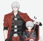  2boys angry animal_ears bishounen black_gloves blue_eyes coat dante_(devil_may_cry) devil_may_cry_(series) devil_may_cry_4 dog_boy dog_ears dog_tail fingerless_gloves gloves highres holding holding_sword holding_weapon jacket jin_(zhaomu_u) long_hair multiple_boys nero_(devil_may_cry) pale_skin red_coat sword tail uncle_and_nephew weapon white_hair 
