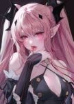  1girl absurdres ahoge bare_shoulders blood blush eyelashes fangs hair_ornament highres krul_tepes licking licking_finger lips long_hair looking_at_viewer pink_hair pointy_ears red_eyes simple_background sketch solo tongue tongue_out twintails uuzxw vampire 