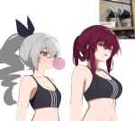  2girls breasts chewing_gum cleavage flasso grey_eyes grey_hair hair_between_eyes hong_meiling honkai:_star_rail honkai_(series) kafka_(arknights) large_breasts long_hair looking_ahead looking_back medium_breasts multiple_girls navel open_mouth ponytail purple_eyes purple_hair sidelocks silver_wolf_(honkai:_star_rail) simple_background smile sports_bra teeth upper_body upper_teeth_only white_background 