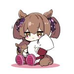 :i animal_ears blush_stickers bow brown_eyes brown_hair character_doll closed_mouth colored_shadow commentary_request full_body hair_between_eyes hair_bow highres horse_ears horse_girl horse_tail jacket looking_at_viewer nozo_(hitomiz) object_hug pants pillow pillow_hug pink_bow pink_footwear purple_bow red_jacket red_pants shadow shoe_soles simple_background sitting slippers smart_falcon_(umamusume) socks tail track_jacket track_pants track_suit twintails umamusume white_background white_socks 