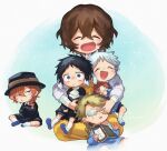  5boys :d ^_^ akutagawa_ryuunosuke_(bungou_stray_dogs) anger_vein apron ascot black_eyes black_hair black_headwear black_shirt blonde_hair blue_shirt book bungou_stray_dogs character_doll closed_eyes crossed_arms dazai_osamu_(bungou_stray_dogs) fedora glasses hat highres holding holding_book kunikida_doppo_(bungou_stray_dogs) long_sleeves male_focus medium_hair multicolored_hair multiple_boys nakahara_chuuya nakajima_atsushi_(bungou_stray_dogs) oda_sakunosuke_(bungou_stray_dogs) open_mouth orange_hair rinu shirt shoes short_hair smile socks two-tone_hair v-shaped_eyebrows white_ascot white_footwear white_hair white_socks yellow_apron 