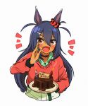  1girl animal_ears appleq birthday birthday_cake black_hair blush cake candle choker collared_shirt commentary_request commission dark-skinned_female dark_skin ear_ornament fang food green_shirt hair_between_eyes hair_ornament hairclip happy_birthday highres hishi_amazon_(umamusume) horse_ears horse_girl long_hair notice_lines open_mouth pants pixiv_commission red_eyes red_sweater shirt smile solo sweater umamusume upper_body white_pants 