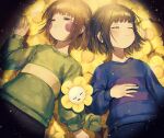  2others absurdres arm_at_side black_pants blue_shirt blush_stickers bob_cut brown_hair chara_(undertale) closed_eyes closed_mouth commentary double_horizontal_stripe drooling flower flowey_(undertale) frisk_(undertale) from_above green_shirt hand_on_own_stomach hand_up highres l1m3candy light_particles loose_hair_strand lying mixed-language_commentary multiple_others narrowed_eyes on_back pants purple_skirt red_eyes shirt short_hair side-by-side single_horizontal_stripe skirt sleeping spotlight two-tone_shirt undertale upper_body yellow_flower yellow_shirt 