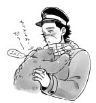  1boy affectionate animal aoi_(husiginokuninoa) bear blush claws cropped_torso golden_kamuy hat holding holding_animal kepi lowres male_focus military_hat motion_lines sanpaku scar scar_on_face scar_on_mouth scar_on_nose scarf short_hair solo sugimoto_saichi translation_request wide-eyed 
