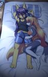  10:16 3_toes 5_fingers anthro anthro_on_anthro bed biped blush bottomwear breasts canid canine clothed clothing dipstick_ears dipstick_tail duo erection erection_under_clothing eyes_closed feet female fingers fur furniture hair hane hi_res inner_ear_fluff itsuki_(hane) long_hair male male/female mammal markings multicolored_ears on_bed panties pattern_bottomwear pattern_clothing pattern_panties pattern_underwear pillow purple_canid_(hane) sleeping striped_bottomwear striped_clothing striped_panties striped_underwear stripes tail tail_markings toes tuft underwear yellow_body yellow_fur 