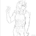 2023 5_fingers anthro arknights bottomwear canid canine canis cigar clothed clothing domestic_dog fingers fur hair horn hung_(arknights) hypergryph long_hair looking_at_viewer male mammal monochrome pants sketch smoking smoking_cigar solo studio_montagne weibo yume_mitaatode 
