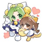  2girls :o animal_hat apron bell blue_bow blue_bowtie blue_dress blue_sailor_collar blush bow bowtie brown_eyes brown_hair cat_hat chibi commentary dejiko di_gi_charat dress flower gema green_eyes green_hair hair_bell hair_ornament hat hat_flower heart highres long_hair looking_at_viewer looking_to_the_side multiple_girls neck_bell niko_(nikooo2016) open_mouth paw_shoes puchiko ribbon sailor_collar shirt sidelocks simple_background sleeves_past_wrists tail tail_ornament tail_ribbon two_side_up white_background white_flower white_mittens white_shirt white_tail 