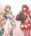 areola_slip blonde_hair bodysuit breasts chest_jewel cleavage_cutout clothing_cutout covered_nipples elbow_gloves female_pervert gem gloves headpiece huge_breasts long_hair looking_at_viewer multiple_girls mythra_(xenoblade) nipple_slip nipples pervert puffy_nipples pyra_(xenoblade) red_hair red_shorts saikura_noushu short_hair shorts skin_tight smile swept_bangs thick_thighs thighs tiara xenoblade_chronicles_(series) xenoblade_chronicles_2 yellow_eyes 