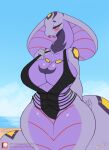  anthro arbok beach big_breasts blush breasts clothing female generation_1_pokemon hi_res legless lyorenth-the-dragon nintendo non-mammal_breasts outside pokemon pokemon_(species) purple_body red_eyes seaside solo swimwear 