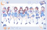  6+girls :o absurdres ahoge argyle argyle_legwear arm_up asymmetrical_footwear asymmetrical_gloves asymmetrical_legwear beret blonde_hair blue_bow blue_eyes blue_flower blue_footwear blue_gloves blue_headwear blue_sailor_collar blue_shorts blue_skirt blue_theme blue_thighhighs blue_vest border bow bowtie brown_hair buttons candy_wrapper center_frills chinese_commentary closed_eyes closed_mouth clothes_lift collarbone commentary constellation crescent cross-laced_clothes cross-laced_skirt curled_fingers english_text facing_viewer fingerless_gloves flower frilled_skirt frills full_body gloves grey_border grey_outline hair_bow hair_ornament hairclip hand_up hands_up hat head_tilt headwear_request hidari_(nanmu-left) high-waist_skirt highres hourglass jar knees_together_feet_apart lapels lifted_by_self light_blush light_brown_hair light_smile lineup loafers long_hair long_sleeves looking_at_object looking_down looking_up mary_janes medium_hair mismatched_footwear mismatched_gloves mismatched_legwear multiple_girls neck_ribbon notched_lapels open_hand open_hands open_mouth orange_bow orange_eyes original outline outstretched_arm over-kneehighs pink_eyes pleated_skirt polka_dot polka_dot_background profile puffy_short_sleeves puffy_sleeves reaching reaching_towards_viewer red_bow red_bowtie red_ribbon ribbon round_teeth sailor_collar sand school_uniform serafuku shirt shoes short_eyebrows short_hair short_sleeves short_twintails shorts sidelocks simple_background skirt skirt_lift sleeves_past_wrists smile socks standing standing_on_one_leg star_(symbol) star_print straight-on surprised suspender_shorts suspenders tareme teeth thick_outlines thighhighs twintails two-tone_background upper_teeth_only very_long_hair vest walking wavy_hair white_background white_footwear white_gloves white_outline white_serafuku white_shirt white_socks white_thighhighs 