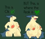  2023 anthro areola belly big_breasts blue_body blue_fur breasts duo english_text fangs female feral fur generation_2_pokemon genitals green_background hand_on_hip hi_res looking_at_viewer multicolored_body multicolored_fur navel nintendo nipples nude open_mouth pokemon pokemon_(species) pussy simple_background slightly_chubby smile smiling_at_viewer solo tan_body tan_fur teeth text thick_thighs tuanyllej2 two_tone_body two_tone_fur typhlosion wide_hips 