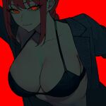  1girl black_bra bra breasts chainsaw_man closed_mouth collarbone hair_between_eyes jacket large_breasts long_hair looking_at_viewer makima_(chainsaw_man) no_shirt open_clothes open_jacket red_background red_eyes red_hair ringed_eyes sidelocks simple_background smile solo underwear upper_body zeon_(zzeeonn) 