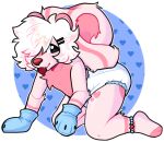  accessory anklet anthro blush clean_diaper clothed clothing diaper digital_media_(artwork) fur hair hair_accessory hair_over_eye handwear hi_res infantilism jewelry looking_at_viewer male mammal mephitid mittens one_eye_obstructed poofypup simple_background skunk smile solo tail tongue wearing_diaper 