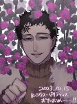  1boy black_clover black_hair brown_robe clenched_hand facial_mark flower forehead_mark happy_birthday highres light_smile looking_at_viewer lucius_zogratis male_focus open_mouth purple_eyes purple_flower robe runadon1146 short_hair solo white_fur 