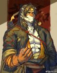 abs absurdres animal_ears arknights bara bare_pectorals chinese_commentary chinese_text clenched_hand cokiey furry furry_male headband highres huai_tianpei_(arknights) looking_at_viewer pectorals tiger_ears tiger_stripes weibo_logo weibo_username yellow_eyes yellow_headband 
