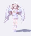  1girl angel angel_wings blush bow chouzetsusaikawa_tenshi-chan chouzetsusaikawa_tenshi-chan_(cosplay) cosplay feathered_wings flower full_body grey_eyes grey_hair hair_flower hair_ornament hair_over_one_eye halo hands_up highres isekai_joucho kamitsubaki_studio long_hair long_sleeves looking_at_viewer multicolored_hair needy_girl_overdose open_mouth pointing pointing_up red_flower red_hair school_uniform serafuku shadow shiraishi_kanoya simple_background skirt smile solo two-tone_hair virtual_youtuber white_background white_wings wings yellow_bow 