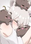  1girl animal_ear_fluff animal_ears animal_hug animal_on_head animal_on_shoulder blush_stickers cipher4109 closed_eyes clothing_cutout earrings fang fuse grey_hair hololive jewelry lion_ears lion_girl on_head open_mouth shirt shishiro_botan shoulder_cutout smile ssrb_(shishiro_botan) tearing_up virtual_youtuber white_shirt 