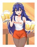  1girl :d beer_mug blue_eyes blue_hair border breasts brown_pantyhose canadiananiguy cleavage commission cowboy_shot crossed_bangs cup fire_emblem fire_emblem_awakening hairband highres hooters long_hair looking_at_viewer lucina_(fire_emblem) mug open_mouth orange_shorts pantyhose short_shorts shorts small_breasts smile solo sweatdrop tank_top tiara very_long_hair white_border white_tank_top 