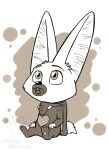  anthro baby_pacifier black_nose canid canine clothed clothing corgi_(artist) costume detailed_background disney fennec finnick_(zootopia) fox fully_clothed glistening glistening_eyes male mammal monochrome onesie pacifier signature sitting solo zootopia 