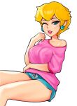  1girl alternate_costume alternate_hairstyle blonde_hair blue_eyes breasts collarbone covered_nipples drawstring earrings eyeliner feet_out_of_frame highres jewelry large_breasts lips loodncrood looking_at_viewer makeup mario_(series) mature_female navel nipples off_shoulder one_eye_closed parted_lips pink_lips pink_shirt princess_peach shirt short_hair short_shorts short_sleeves shorts simple_background sitting solo sphere_earrings teeth thighs upper_teeth_only white_background 