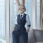  1:1 anthro clothed clothing digital_drawing_(artwork) digital_media_(artwork) digital_painting_(artwork) disney female furrholic grey_body judy_hopps lagomorph leporid mammal purple_eyes rabbit smile solo suit suit_and_tie zootopia 