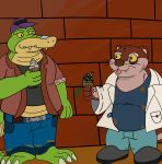  2023 absurd_res alligator alligatorid anthro bottomwear brok_(character) brok_the_investigator clothing crocodilian dessert dr._mink duo food green_body hi_res humanoid_hands ice_cream male mammal melonca53654294 mink mustelid musteline pants reptile scalie shirt slightly_chubby tongue tongue_out topwear true_musteline 
