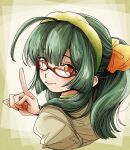  1girl ahoge alternate_hairstyle bespectacled blunt_bangs blush bow brown_shirt commentary_request cropped_shoulders from_behind glasses green_hair green_hairband hair_bow hair_over_shoulder hairband hand_up highres index_finger_raised long_hair looking_at_viewer looking_back looking_over_eyewear multicolored_background natsu_tuna orange_bow orange_eyes ponytail red-framed_eyewear shirt smile solo touhoku_zunko voiceroid white_background 