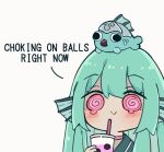  1girl @_@ animal_on_head blush bubble_tea chibi closed_mouth commentary cup disposable_cup drink drinking_straw english_commentary english_text finana_ryugu fins fish fish_girl green_hair head_fins highres holding holding_cup holding_drink long_hair melonbread nijisanji nijisanji_en on_head pink_eyes portrait ryuguard_(finana_ryugu) simple_background smile solo virtual_youtuber white_background 