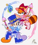  2girls absurdres animal_ears blue_eyes blue_footwear blue_headwear blue_skirt blush brown_eyes cheese_(sonic) cream_the_rabbit eyelashes fine_(futagohime) fushigiboshi_no_futago_hime gloves hat highres holding holding_wand low_twintails magical_girl marine_the_raccoon multiple_girls one_eye_closed pink_footwear pumo_(futagohime) rabbit_ears rabbit_girl raccoon_girl raccoon_tail red_headwear red_skirt rein_(futagohime) ribbon simple_background skirt smile songsom_s2 sonic_(series) tail top_hat twintails wand 