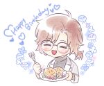  1girl blush brown_hair closed_eyes commentary_request cropped_torso eoduun_badaui_deungbul-i_doeeo food fork glasses happy_birthday holding holding_food holding_fork holding_plate jellyfish korean_commentary lab_coat open_mouth over-rim_eyewear p1rorin9 pancake plate ponytail semi-rimless_eyewear short_ponytail simple_background smile solo upper_body white_background yu_geum-i 