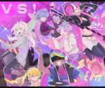  1girl 1other 4boys androgynous blonde_hair blue_hair cookie_run dj dj_cookie electric_guitar english_text from_side guitar high_ponytail highres hime_cut humanization instrument lemon_cookie lightning_bolt_symbol long_hair mamimumemo multicolored_hair multiple_boys one_eye_closed pants pink_hair ponytail popping_candy_cookie purple_hair rainbow_hair rockstar_cookie shining_glitter_cookie short_hair spearmint_cookie two-tone_hair very_long_hair white_hair white_pants 