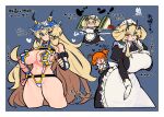 2girls abs ahoge ahoge_wag apron arm_guards bare_shoulders barghest_(fate) barghest_(swimsuit_archer)_(fate) black_dress black_gloves blonde_hair breasts chibi cleavage closed_eyes collared_dress dress expressive_hair fate/grand_order fate_(series) fingerless_gloves food fujimaru_ritsuka_(female) fujimaru_ritsuka_(female)_(summer_street) gloves green_eyes hacco_mayu heterochromia highres horns huge_breasts long_sleeves looking_at_viewer maid maid_headdress medium_hair multicolored_clothes multicolored_swimsuit multiple_girls multiple_views muscular muscular_female navel open_mouth orange_hair oversized_food oversized_object red_eyes sandwich slingshot_swimsuit smile swimsuit thick_thighs thighs tomato white_apron white_gloves wristband 
