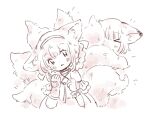 2girls animal_ears arknights blush braid braided_hair_rings commentary_request fox_ears fox_girl fox_tail gloves hair_rings hairband hands_up hugging_another&#039;s_tail hugging_tail kitsune kyuubi momomomowan monochrome multiple_girls multiple_tails short_hair single_glove single_wrist_cuff sussurro_(arknights) suzuran_(arknights) tail twin_braids wrist_cuffs 