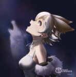  1girl animal_ears bare_shoulders beleven blonde_hair camisole coyote_(kemono_friends) extra_ears highres jacket kemono_friends kemono_friends_v_project microphone night night_sky open_mouth short_hair sky star_(sky) starry_sky upper_body virtual_youtuber wolf wolf_ears wolf_girl yellow_eyes 