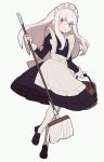  1girl alternate_costume apron black_dress black_footwear blush broom bucket closed_mouth do_m_kaeru dress enmaided fire_emblem fire_emblem:_three_houses full_body hair_between_eyes holding holding_broom holding_bucket juliet_sleeves long_hair long_sleeves looking_at_viewer lysithea_von_ordelia maid maid_headdress pantyhose pink_eyes puffy_sleeves shoes simple_background solo white_apron white_background white_hair white_pantyhose wooden_bucket 