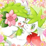 ;d aimi_(aimia492) artist_name blush cheek-to-cheek closed_mouth flower green_background green_eyes heads_together holding_hands looking_at_viewer no_humans one_eye_closed open_mouth pink_flower pink_rose pokemon pokemon_(creature) rose shaymin shaymin_(land) shaymin_(sky) simple_background smile twitter_username v-shaped_eyebrows white_flower yellow_flower 
