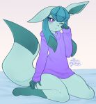  ambiguous_gender anthro biped blue_body clothed clothing eeveelution generation_4_pokemon glaceon kneeling looking_at_viewer looking_tired nintendo on_bedding one_eye_closed oversized_hoodie pokemon pokemon_(species) purple_eyes rubbing_eye solo toxicmilkyx 