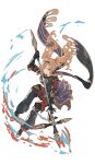  1girl arm_guards black_gloves black_hairband black_pants blonde_hair blue_eyes fire gloves granblue_fantasy hairband highres holding holding_polearm holding_weapon long_scarf pants polearm scarf shimatani_azu solo spear toeless_footwear twintails weapon zeta_(granblue_fantasy) 