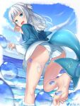  1girl ass blue_eyes blue_hair blue_hoodie blue_panties blue_sky blunt_bangs blurry blurry_foreground cloud cloudy_sky day feet fins fish_tail foot_out_of_frame gawr_gura grey_hair hands_up highres hololive hololive_english hood hoodie iwabuchi501 kneepits legs long_hair looking_at_viewer multicolored_hair no_pants ocean open_mouth outdoors panties shark_tail sharp_teeth shiny_skin sky soles solo splashing standing standing_on_one_leg streaked_hair striped striped_panties tail teeth thighs toes twitter_username two_side_up underwear upper_teeth_only wet wide_sleeves 