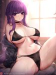  1girl black_bra black_panties bra breasts cleavage collarbone cut_bangs fern_(sousou_no_frieren) indoors large_breasts luminous navel panties patreon_logo patreon_username purple_eyes purple_hair sitting solo sousou_no_frieren sweat thighs underwear underwear_only window 