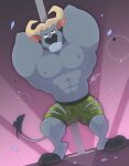  abs absurd_res anthro biceps bottomwear bovid bovine chief_bogo clothing dancing disney green_bottomwear green_clothing green_shorts grey_body hi_res hikazedragon horn looking_at_viewer male mammal muscular muscular_anthro muscular_male nipples pecs pole pole_dancing shorts solo tail tail_motion true_buffalo water_buffalo zootopia 
