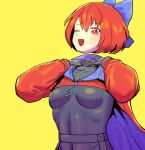  1girl black_shirt blue_bow bow cloak disembodied_head gloves hair_bow jacket long_sleeves nekobatake red_cloak red_eyes red_hair sekibanki shirt short_hair simple_background solo touhou yellow_background zipper 