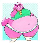  2022 anthro belly big_belly breasts canid canine clothed clothing female fox fur hair hi_res huge_belly mammal melody_amaranth navel obese obese_anthro obese_female open_mouth overweight overweight_anthro overweight_female pink_body pink_fur pink_hair plushclover red_fox super_lesbian_animal_rpg trans_(lore) trans_woman_(lore) 