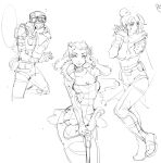  1boy 2girls animification anmiboer apex_legends belt bodysuit boots braid breasts chinese_commentary cleavage collarbone floating_hair goggles greyscale hair_bun light_frown loba_(apex_legends) long_hair looking_at_viewer mask medium_breasts miniskirt monochrome mouth_mask multiple_girls octane_(apex_legends) open_hand own_hands_together pants scarf single_hair_bun sketch skirt smile twin_braids wraith_(apex_legends) 