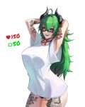  1girl absurdres ahoge arm_tattoo armpits arms_behind_head aruna_reaver black_panties blue_eyes blush breasts demon_girl demon_horns glasses green_hair hair_between_eyes hair_ornament hairpin heterochromia highres horns indie_virtual_youtuber large_breasts leg_tattoo long_hair meme o-ring panties pink_eyes rasipan rectangular_eyewear second-party_source semi-rimless_eyewear shibari shirt solo tattoo twitter_strip_game_(meme) underwear virtual_youtuber white_shirt 